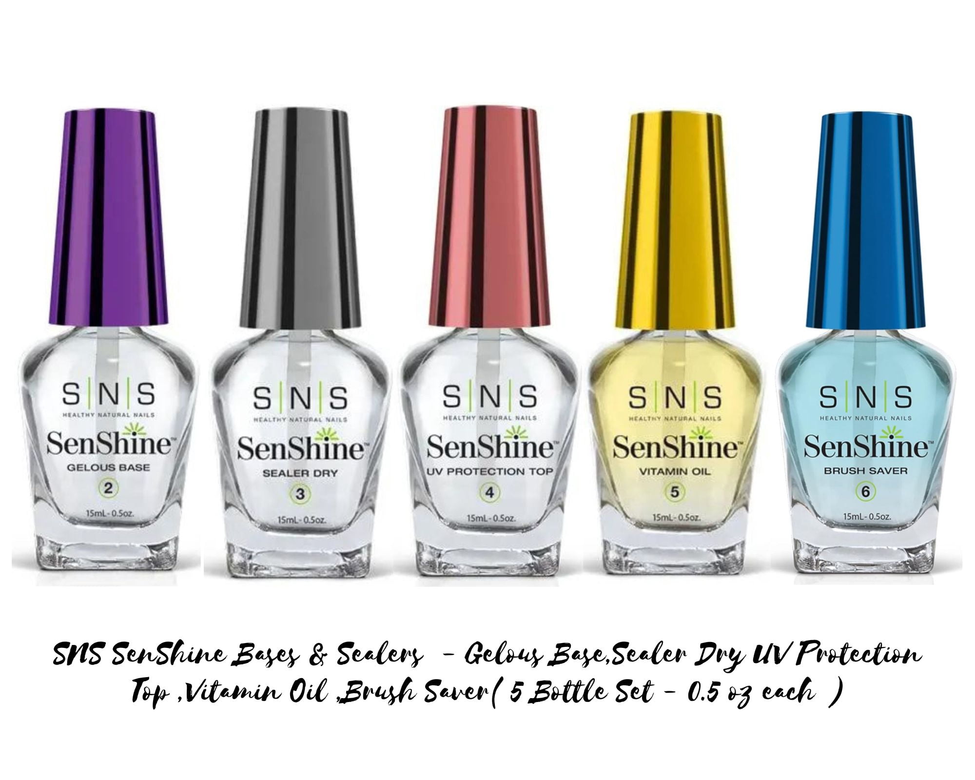 SNS SenShine Bases & Sealers - Gelous Base,Sealer Dry UV Protection Top ,Vitamin Oil ,Brush Saver( 5 Bottle Set - 0.5 oz each )