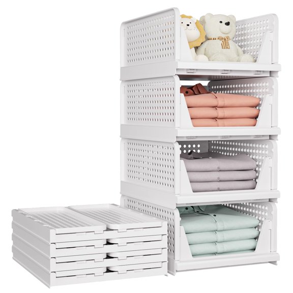SNSLXH 5 Pack Stackable Closet Storage Basket, Multifunctional & Foldable Closet Organizer for Bathroom Kitchen Laundry Room Wardrobe Storage, Space-Saving Clothes Storage Drawer Organizer, White C80
