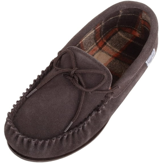 SNUGRUGS George Mens Suede Moccasin with Checked Cotton Inner and Rubber Sole - Brown - US 9