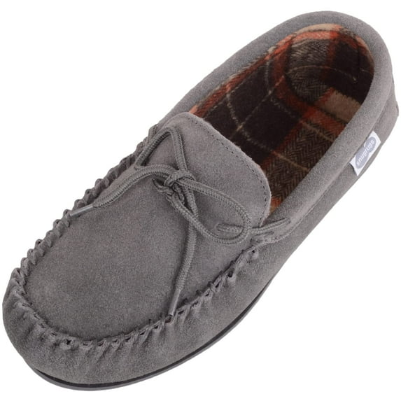 SNUGRUGS George Mens Suede Moccasin with Checked Cotton Inner and Rubber Sole - Grey - US 10
