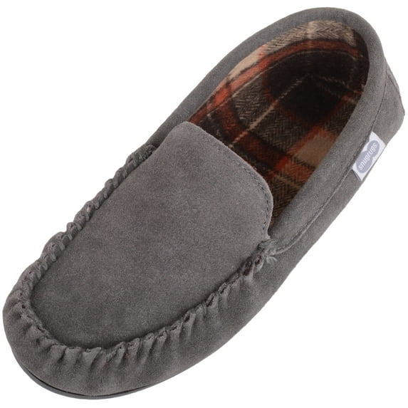 SNUGRUGS Leo Mens Suede Loafer Moccasin Slippers with Checked Cotton Inner and Rubber Sole - Grey - US 9