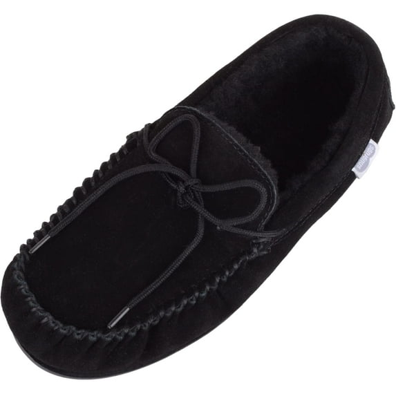 SNUGRUGS Men's Rubber Sole Suede Sheepskin Moccasin Slippers - Black - US 14