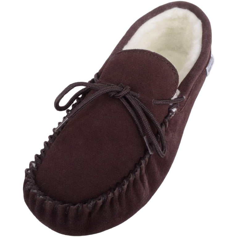 SNUGRUGS Men's Soft Sole Suede Sheepskin Moccasin Slippers Dark