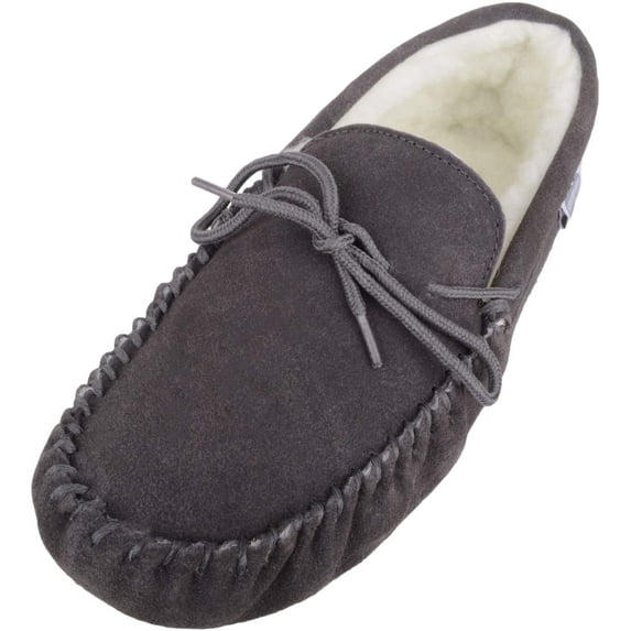 SNUGRUGS Men's Soft Sole Suede Sheepskin Moccasin Slippers - Grey - US 15