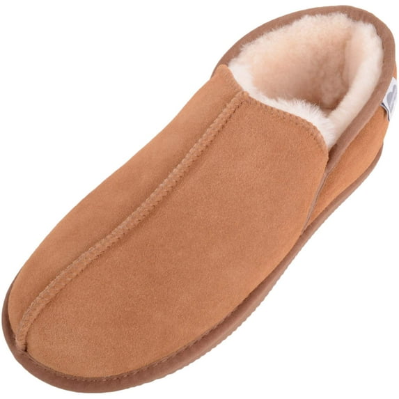SNUGRUGS Mens Genuine Full Sheepskin Slip On Bootie Slippers - Chestnut - US 13