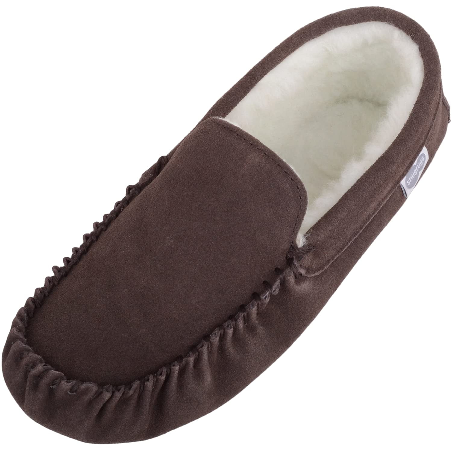 SNUGRUGS Heren Ronnie Suede Mocassin Slippers met wol en suède zool, donkerbruin, 44.5 EU