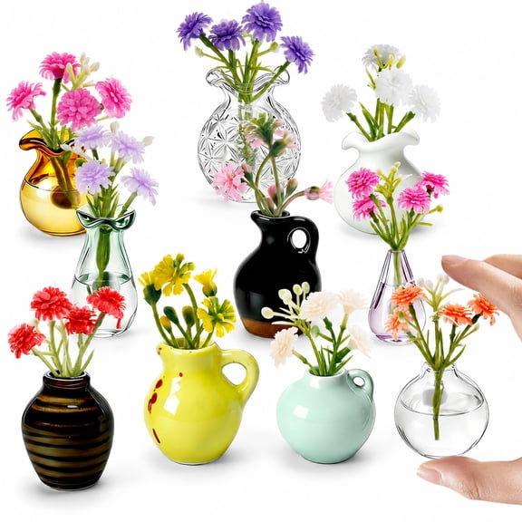 SNYGOV 10 Pack Mini Vase Magnets for Fridge, Multicolor Tiny Ceramic Glass Vases with Artificial Flowers, 3D Cute Pot Vases Magnet for Refrigerator Office Kitchen Decoration