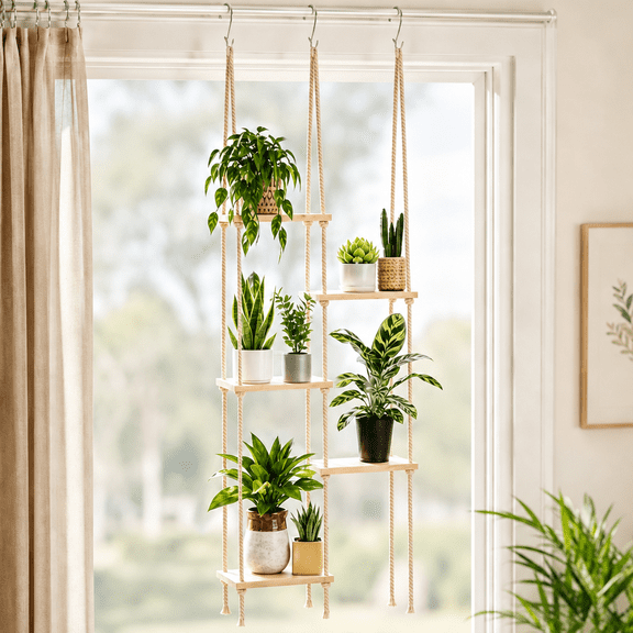 SNYGOV Hanging Shelves, Window Sill Plant Shelf, Wood Plant Wall Shelf, Boho Window Shelf for Plants, Rope Rustic Wood Organizer Storage Hanger Rack for Aesthetic Home Bedroom Kitchen Bathroom