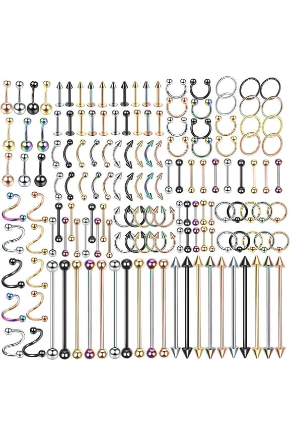 55-150PCS Body Piercing Jewelry Lot 14G 16G 20G Stainless Steel Nose Lip Tongue Cartilage Tragus Eyebrow Industrial Barbell Belly Button Rings Piercing Kit Jewelry