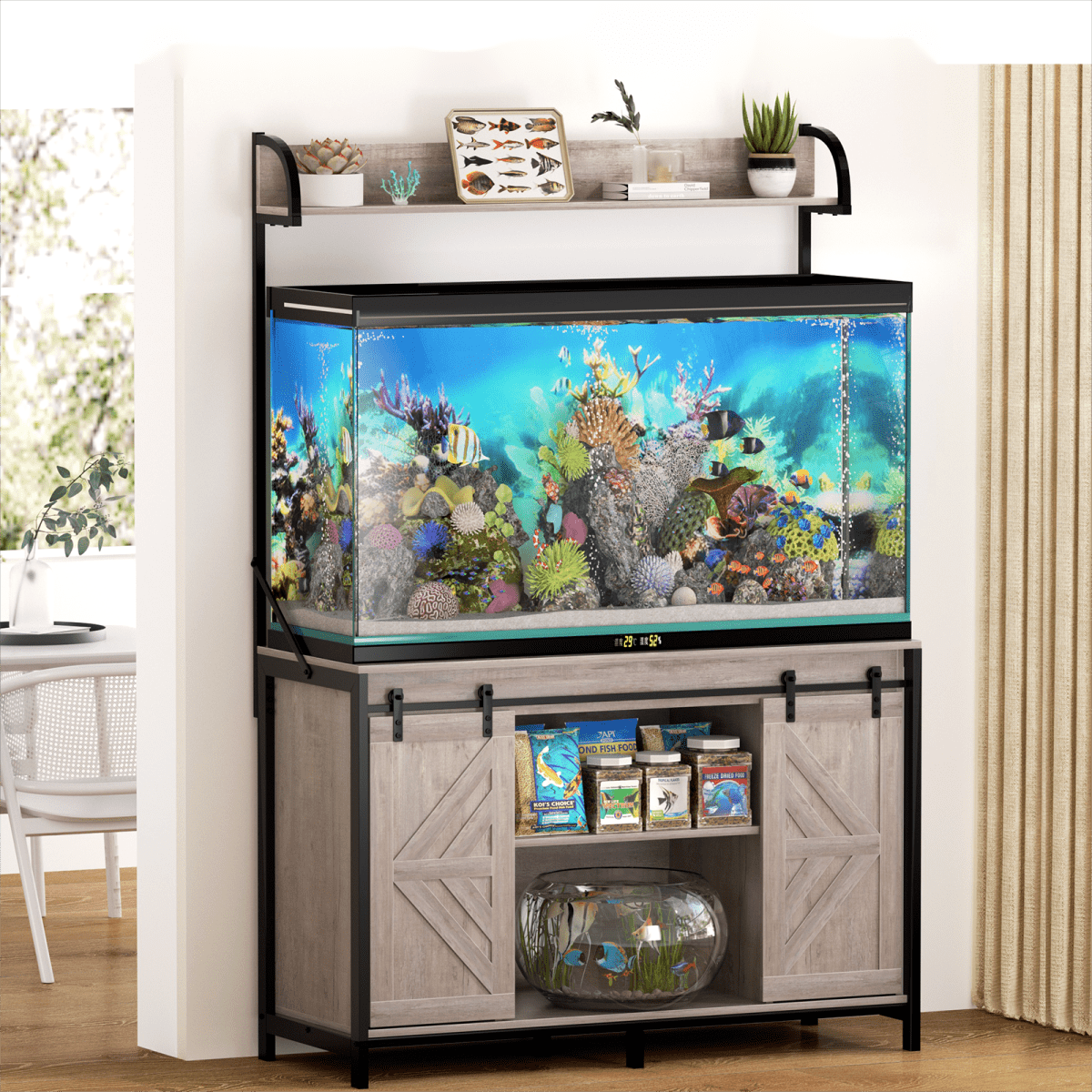 Gray Metal Aquarium Stand Cabinet with RGB Lighting and Power Outlets