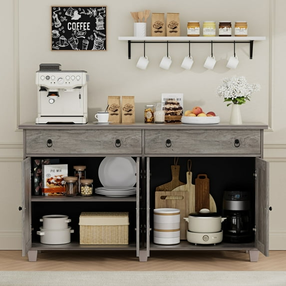 SNYNUXX Buffet Cabinet with Storage, 55" Large Coffee Bar Cabinet with 2 Drawers and 4 Barn Doors, Adjustable Shelf, Modern Farmhouse Sideboard Buffet for Kitchen, Living Room, Grey