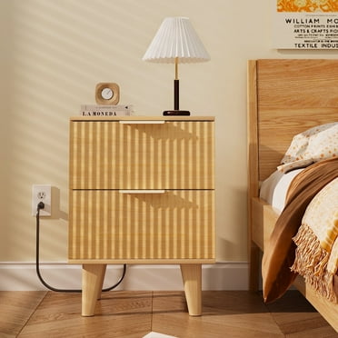 SNYNUXX Bohu Nightstand with 2 Drawers and Charging Station Modern Wood Bedside Table End Table for Bedroom, Living Room