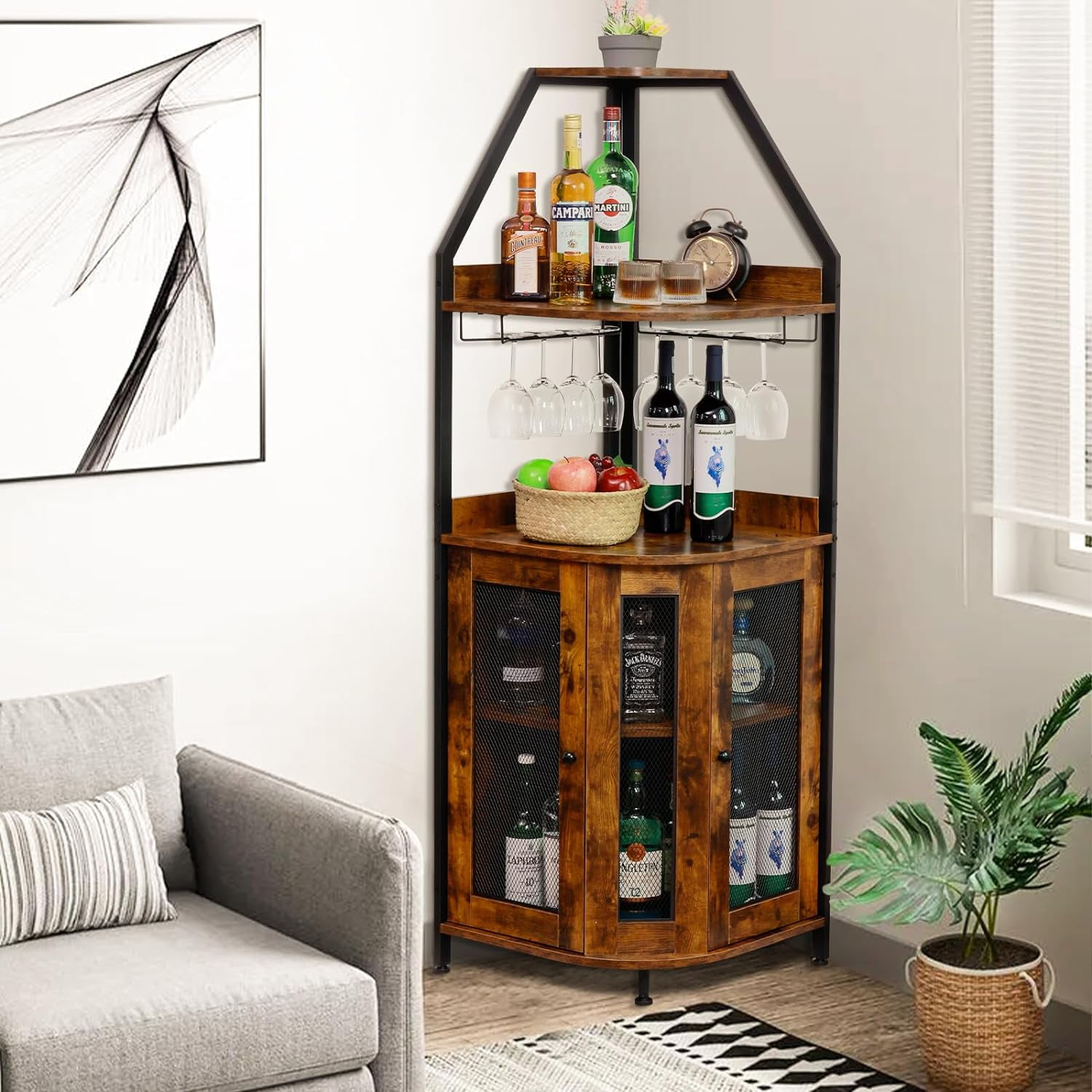 SNYNUXX 5 Tier Corner Bar Cabinet Storage Liquor Cabinet Rustic Brown Walmart