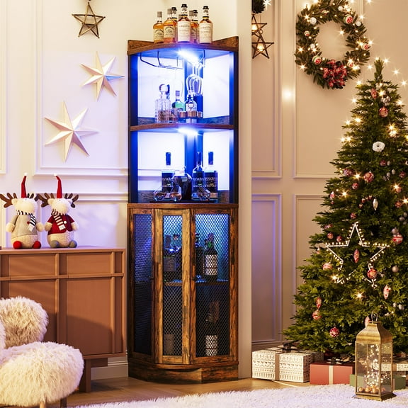 SNYNUXX Industrial Corner Bar Cabinet with LED Lights, Wine Glass Holder and Charging Station, Rustic Brown