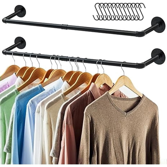 SNYNUXX Industrial Pipe Wall Mounted Clothes Rack,38 Inches Heavy Duty Detachable Garment Rack,Multi-purpose Hanging Rod for Closet,Black-2pk
