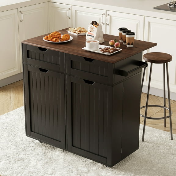 SNYNUXX Kitchen Island with Drop Leaf, Rolling Mobile Island Cart with Drawer, Wooden Countertop and Lockable Casters, Black-35.43"x23.62"x35.43"