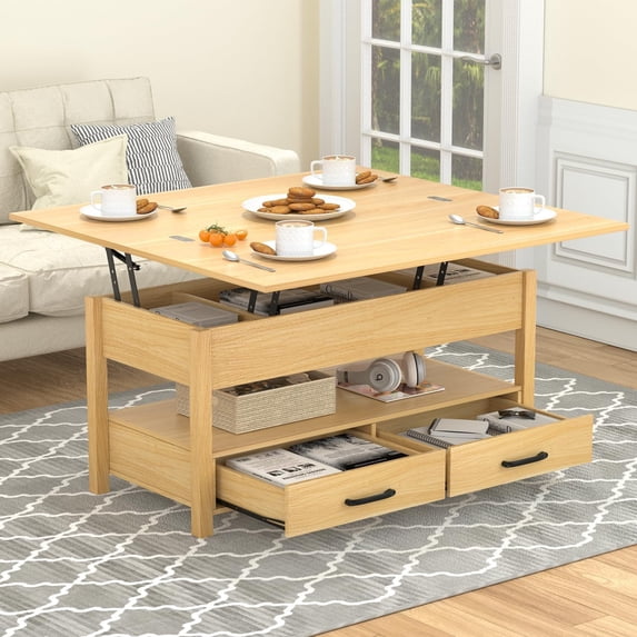SNYNUXX Lift Top Coffee Table with Large Storage, Drawers and Hidden Compartments for Living Room, Dining Reception Room, Nature