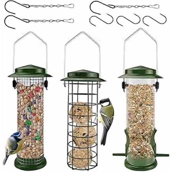 SNYNUXX Metal Bird Feeders Hanging Station Fat Ball Bird Feeder Mesh Squirrel Feeder With Steel Hook Bird Seed Feeder - Weather Proof See Through Bird Feeder For Small Birds - Green - Pack Of 3