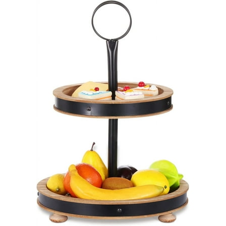 SNYNUXX Modern Farmhouse Wooden Decorative Three Tiered Round Trays Serving Tray Stand with Metal Handle in Fire Color