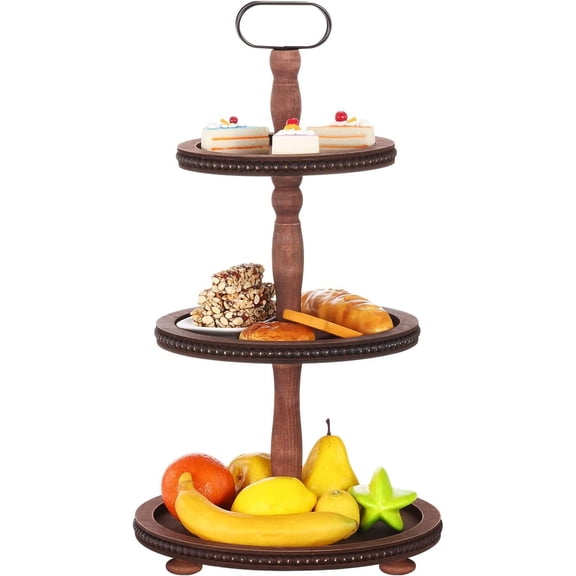 SNYNUXX Modern Farmhouse Wooden Decorative Three Tiered Round Trays Serving Tray Stand with Metal Handle in Rustic Brown