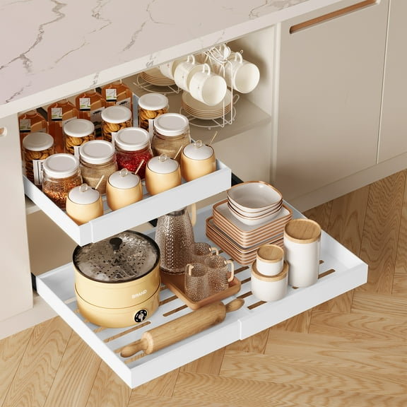 SNYNUXX Pull-out Cabinet Organizer, 12.6"-20.5" Expandable Slide out Drawers Heavy Duty Storage Shelf for Kitchen Pantry Bathroom, White, 2 Pcs