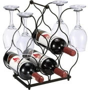 SNYNUXX Small Wine Rack for 6 Wine Bottles with 4 Glasses Holder – Easy to Assemble Modern Metal Wire Wine Storage for Countertop Table Top Cabinet Kitchen Black