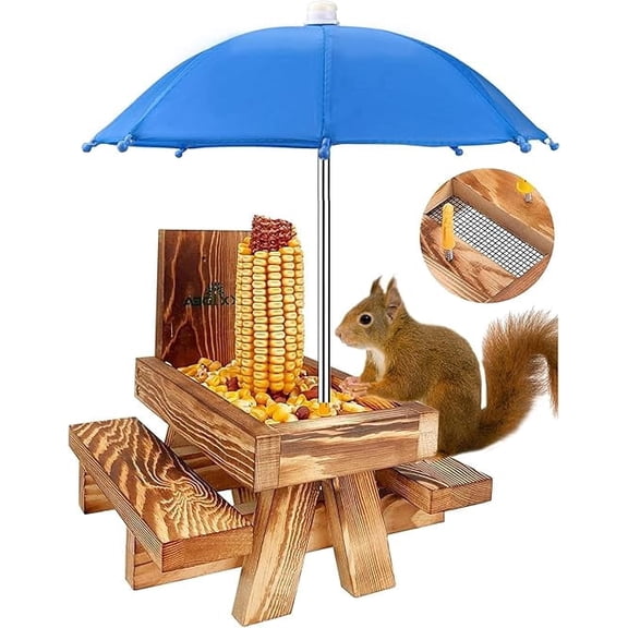 SNYNUXX Squirrel Feeder Picnic Table with Tall Umbrella, Wooden Squirrel Feeders for Outside, Cute Chipmunk Feeder with Corn Cob Holder, Solid Structure, Thick Wood (Rustic Brown Blue Umbrella)