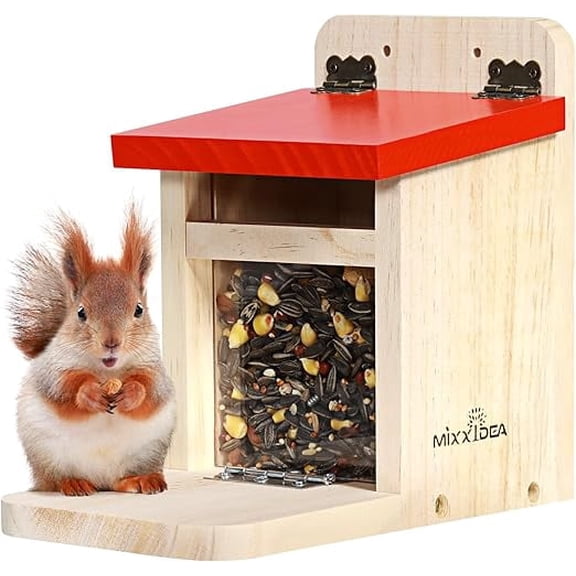 SNYNUXX Squirrel Feeders for Outside Garden, Wooden Squirrel Feeder Box,Squirrel Feeding Stations with Green Cover, Easy to FillSquirrel Feeding House(Red-1pk)