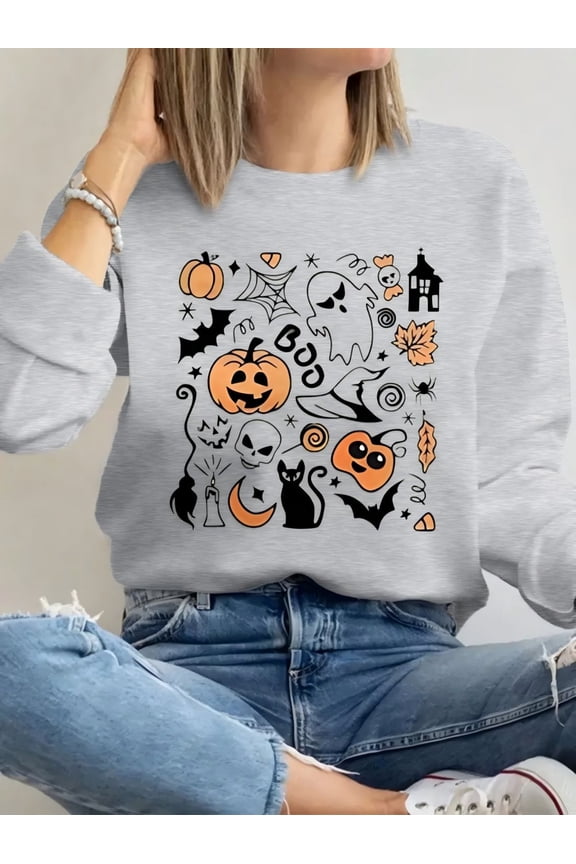 Halloween Ghost Pumpkin Skull Print Grey One-piece