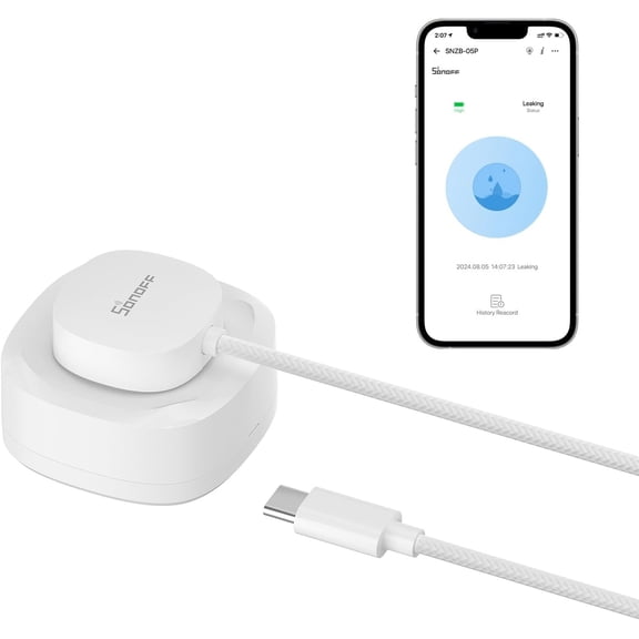 SNZB-05P Zigbee Water Leak Sensor with Detection Cable for Alarm System and Smart Home Automation, Wireless Mini Flood Detector for Kitchen Bathroom Basement 1Pack