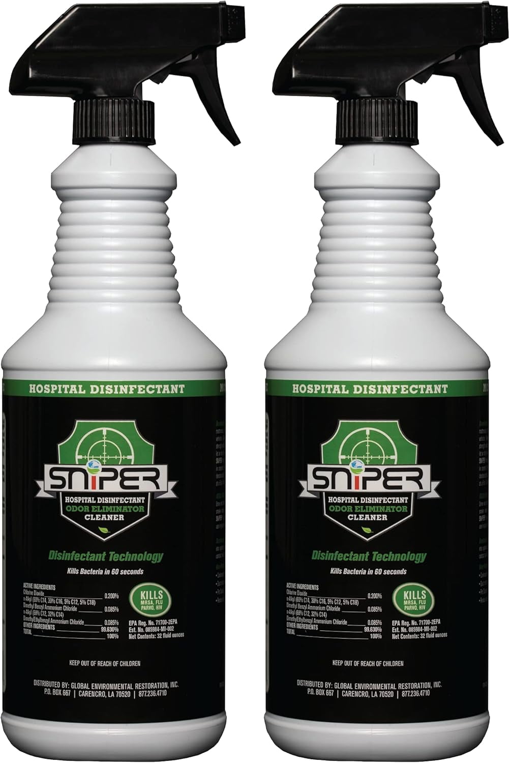 SNiPER Hospital Disinfectant, Odor Eliminator and All-Purpose Cleaner, 32 Ounce Spray, 2 Pack
