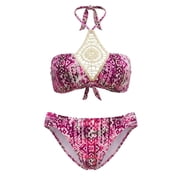 SO Berry Halter High Neck Crochet Tribal Printed 2-Piece Bikini Set Swimwear Juniors' Large