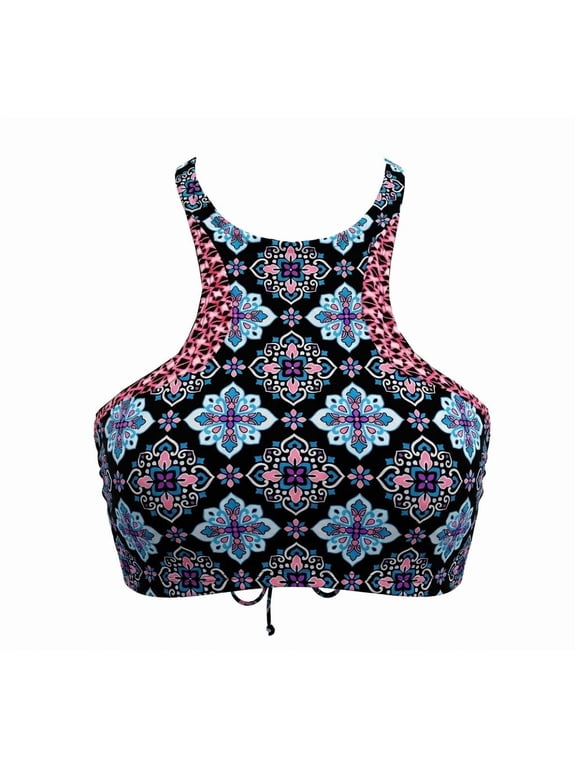 Black High Neck Medallion Pattern Bikini Swim Top Swimwear Juniors' XS