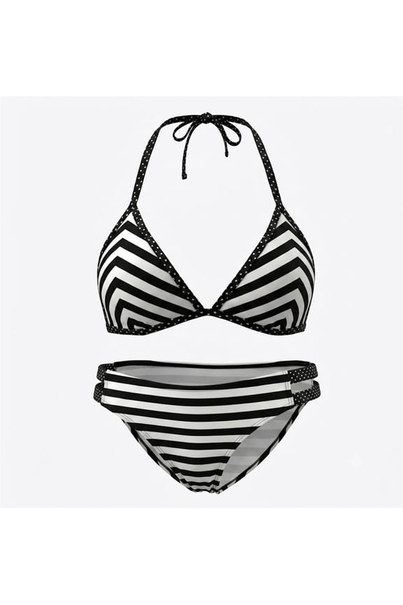 Black Striped Push Up 2-Piece Halter Bikini Set Swimwear Juniors' Large