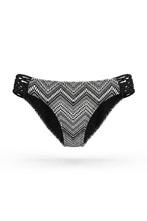 Black Tribal Strappy Macrame Hipster Bikini Swim Bottom Swimwear Juniors' Medium