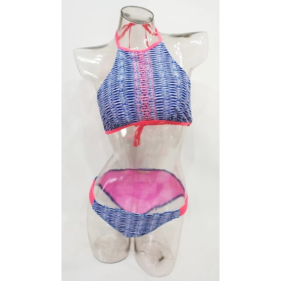SO Blue High Neck Halter Striped 2-Piece Bikini Set Swimwear Juniors' Women's XL