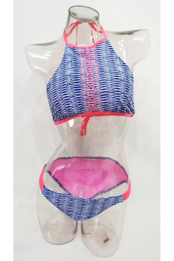 Blue High Neck Halter Striped 2-Piece Bikini Set Swimwear Juniors' Women's XL