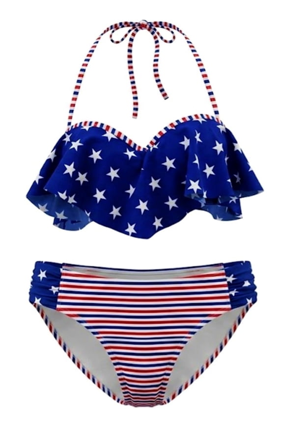 Blue Red Stars Stripes Patriot 2-Pc. Flounce Bikini Set Swimwear Juniors' Small
