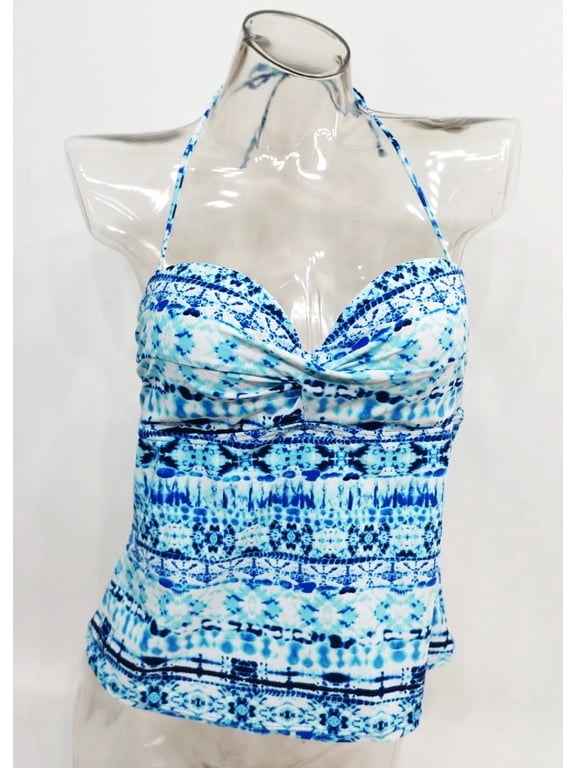 Blue Tie-Dyed Bandeau Halter Underwire Tankini Top Swimwear Juniors' Women's XS