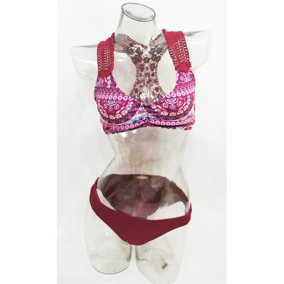 SO Burgundy Lace Crochet 2-Piece Bikini Top & Bottom Set Juniors' Women's XS