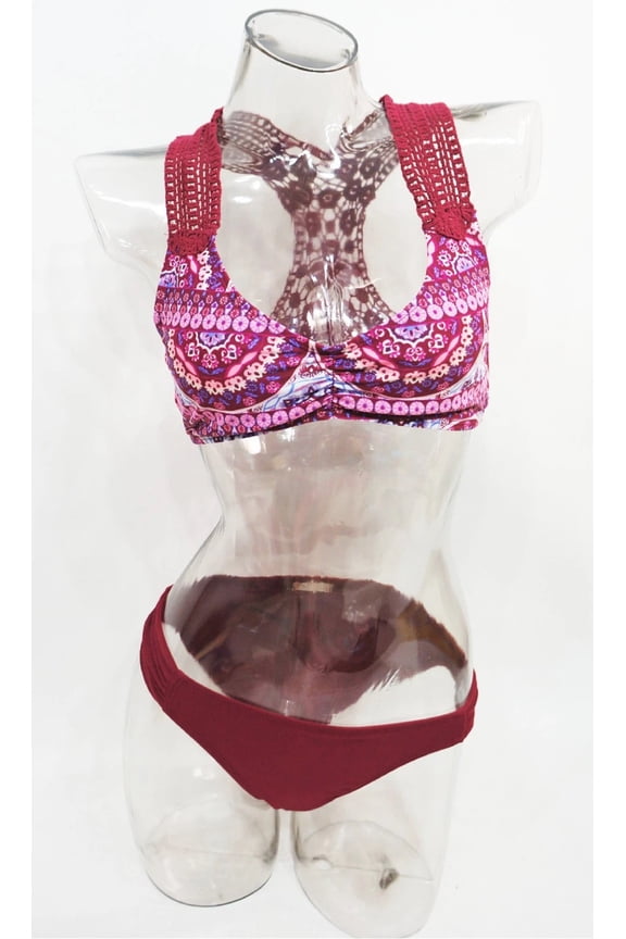 Burgundy Lace Crochet 2-Piece Bikini Top & Bottom Set Juniors' Women's XS