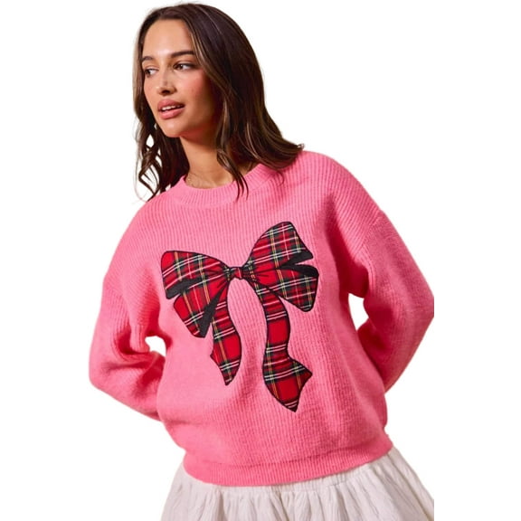 SO ME Checker Plaid Ribbon Christmas Holiday Sweater
