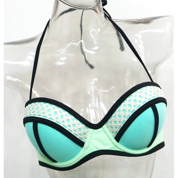SO Mint Color-Block Molded Push-Up Halter Strap Crochet Bikini Top Swimwear Juniors' Medium