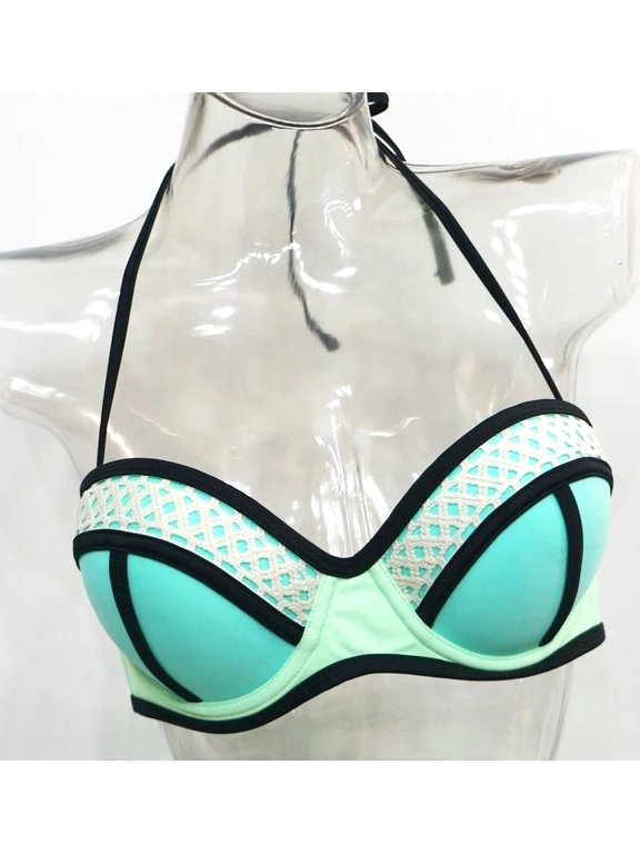 Mint Color-Block Molded Push-Up Halter Strap Crochet Bikini Top Swimwear Juniors' Small