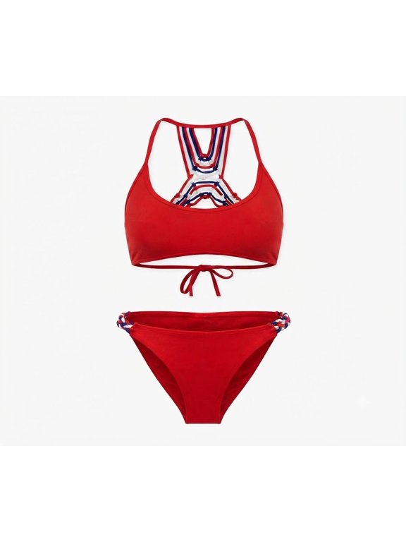 Red Patriotic Macrame Bralette 2-Pc. Bikini Top & Bottom Set Juniors' XS