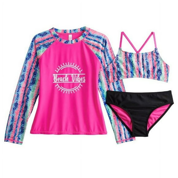 SO Tie Dye "Beach Vibes" Bikini Top, Bottoms, & Rash Guard Swimsuit Set, Girl's, Size: 4-5, Pink UPF 50+