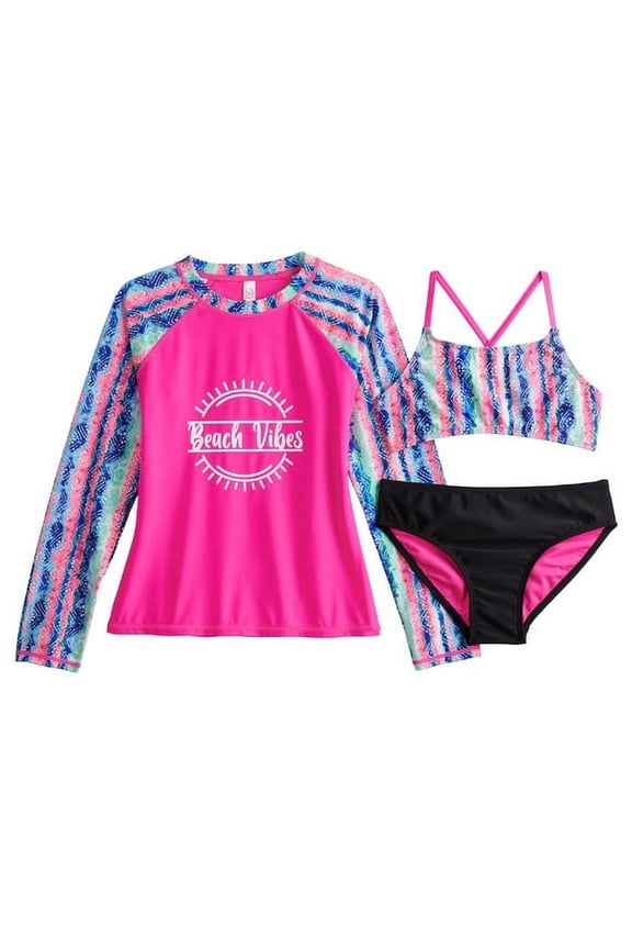 Tie Dye "Beach Vibes" Bikini Top, Bottoms, & Rash Guard Swimsuit Set, Girl's, Size: 4-5, Pink UPF 50+