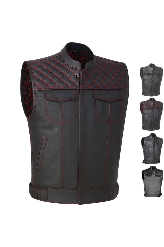 SOA Men's Leather Armor Motorcycle Vest - 100% Genuine Cowhide Biker Paisley Red 3XL