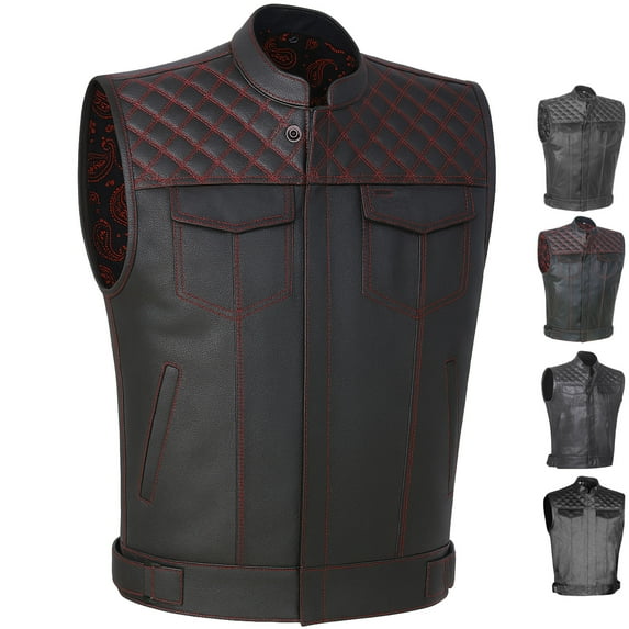 SOA Men's Leather Armor Motorcycle Vest - 100% Genuine Cowhide Biker Paisley Red 3XL