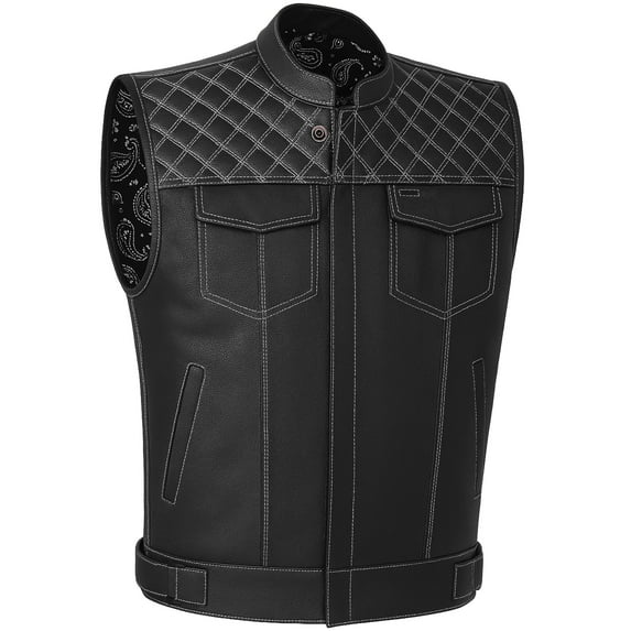SOA Men's Leather Armor Motorcycle Vest - 100% Genuine Cowhide Biker Paisley White L